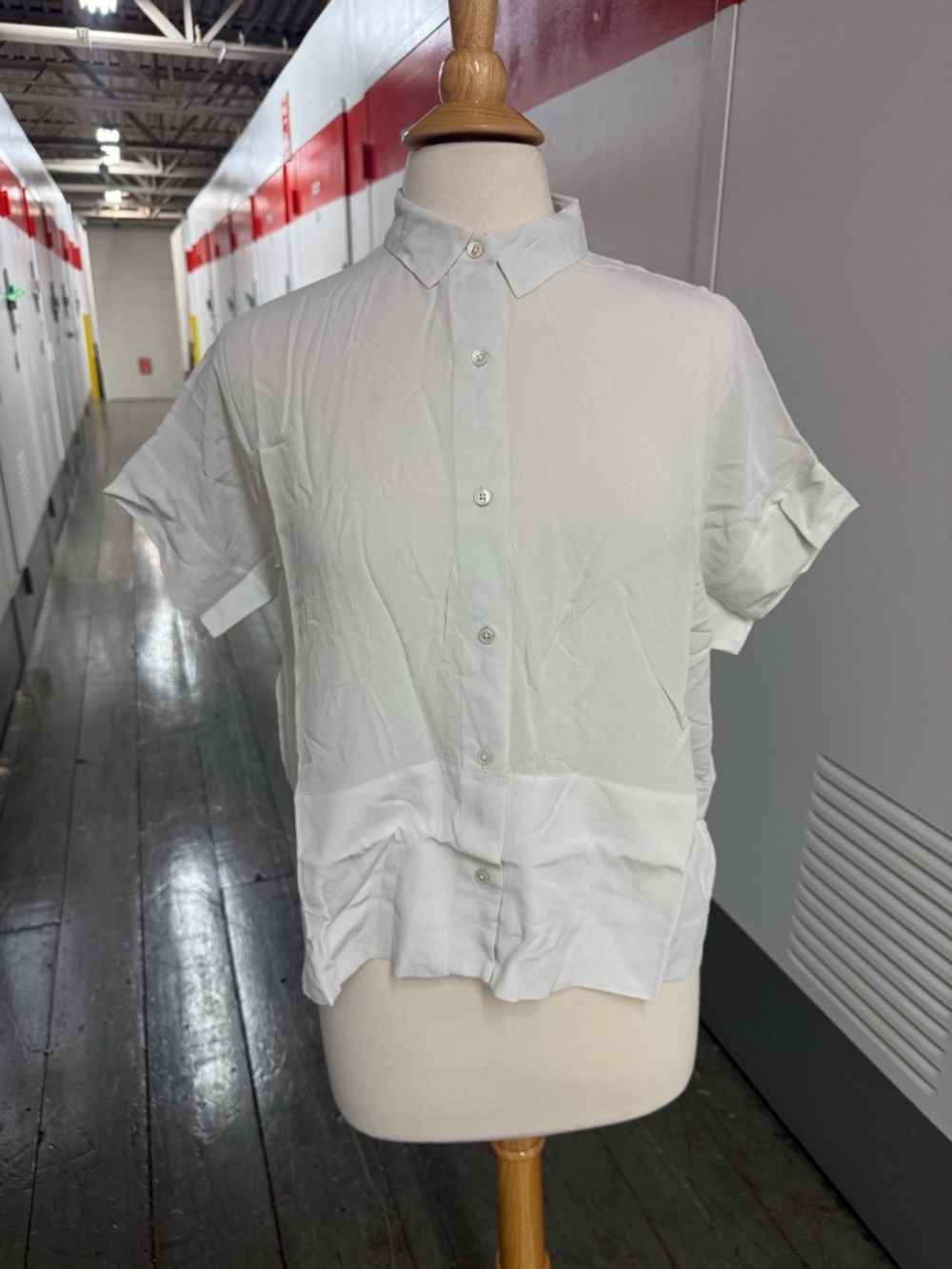 Everlane Silk Short Sleeve Shirt Grey White Size 2 Square Fit NWT